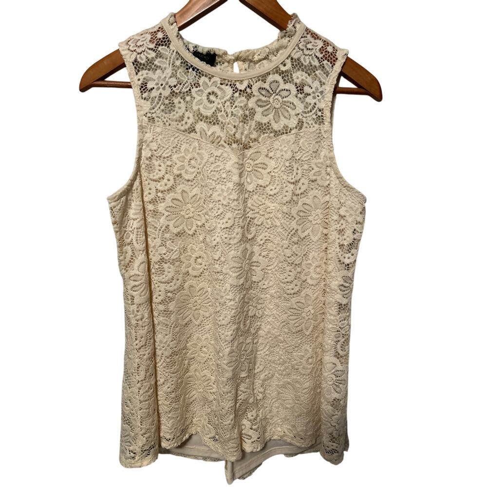 AB Studio Women's Cream High Neck Floral Lace Overlay Sleeveless Blouse Size M